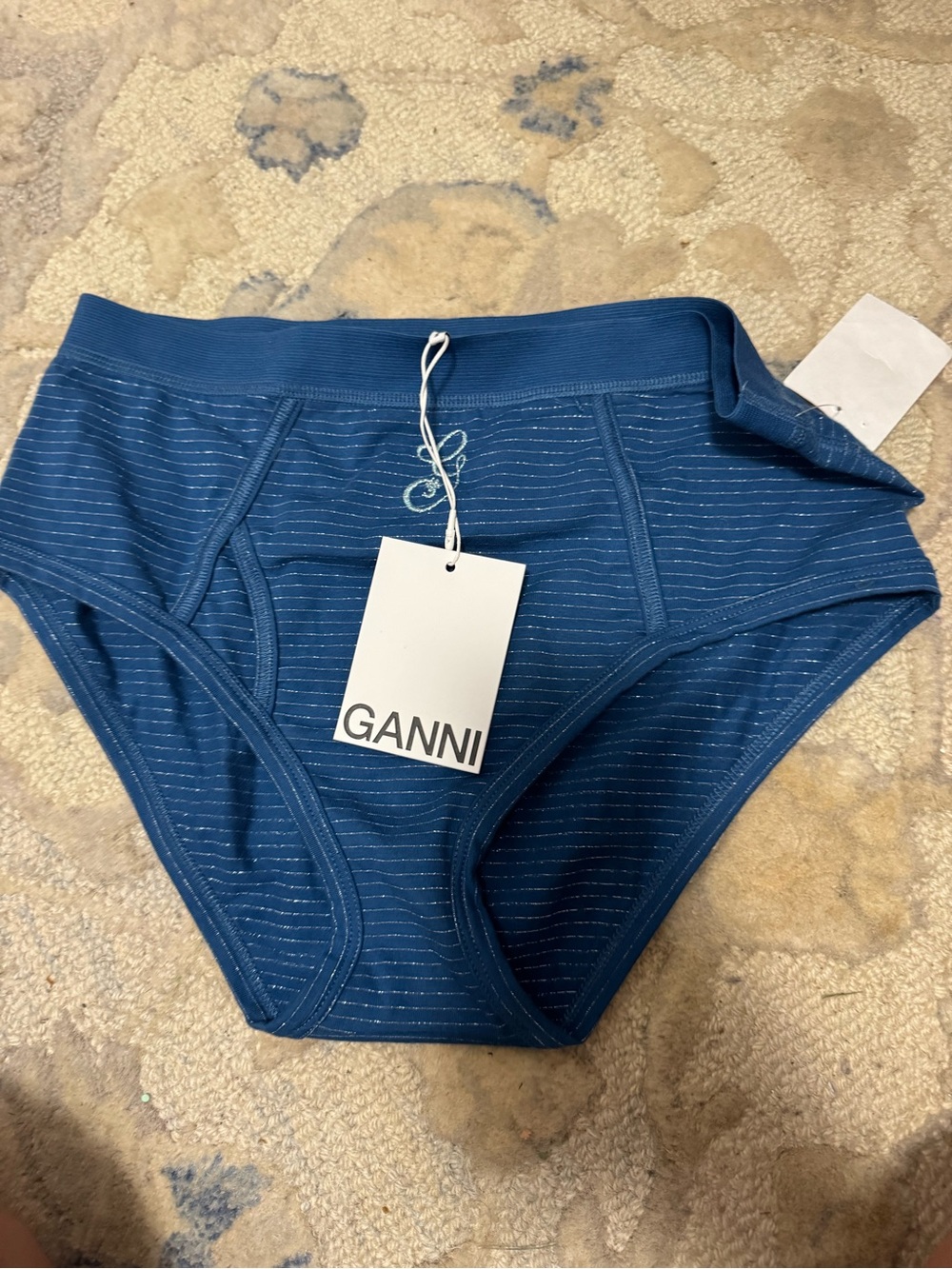 NWT GANNI Women's Blue Striped High-Waist underwear